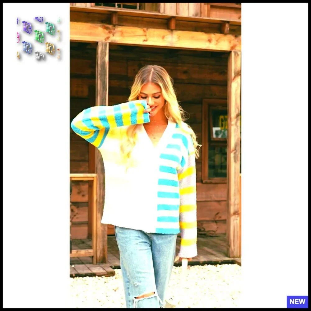 Striped V Neck Cardigan Oversized Fuzzy Knit Drop Shoulder Loose Fit